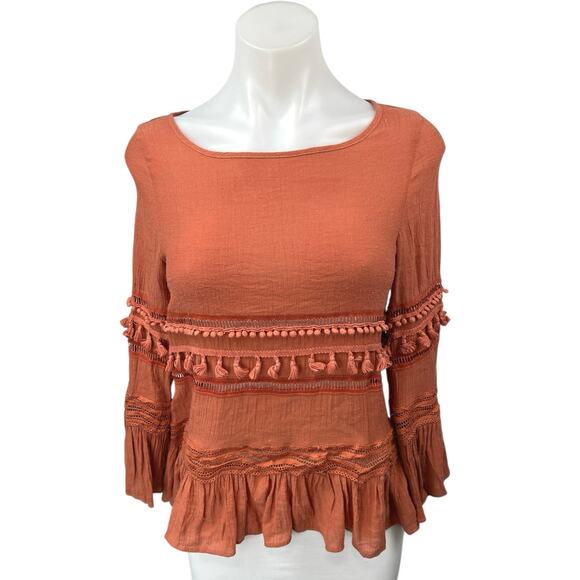 Bacio Tops - Bacio Brown Pom Pom Tassel Embellished Ruffle Boho Western Blouse Top Size S